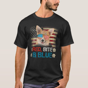 Red Bite And Blue Corgi Dog American Usa Flag 4th T-Shirt