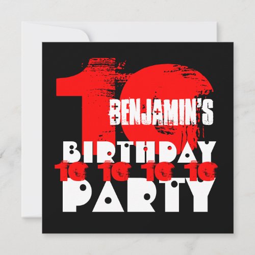 RED BLACK 10th Birthday Party 10 Year Old V01 Personalized Announcements