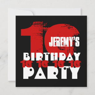 RED BLACK 10th Birthday Party 10 Year Old V02D Invitation