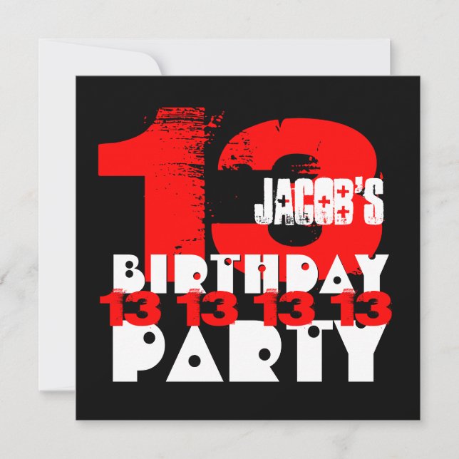 RED BLACK 13th Birthday Party 13 Year Old V05 Invitation (Front)