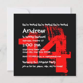 RED BLACK 14th Birthday Party 14 Year Old V06 Invitation | Zazzle