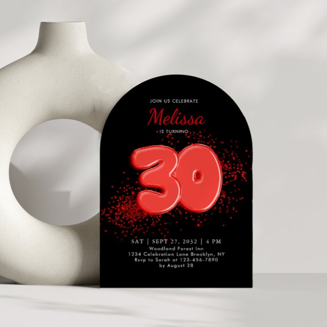 Red Black 30th Balloons Confetti Birthday Arch Invitation (Creator Uploaded)