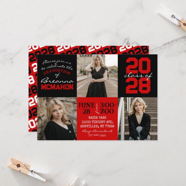 Red & Black 3 Photo Graduation Invitation | Zazzle