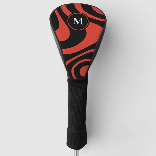 Red Black Abstract Design Custom Initial Driver Golf Head Cover (Front)
