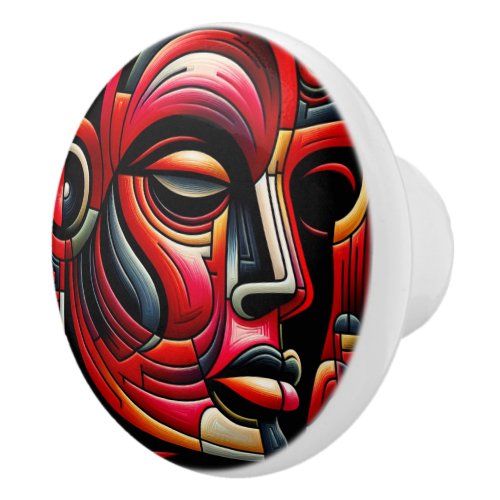 Red  black Abstract Face  Ceramic Knob