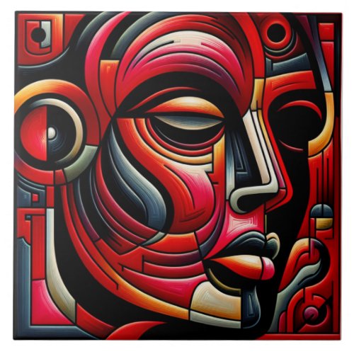 Red  black Abstract Face  Ceramic Tile