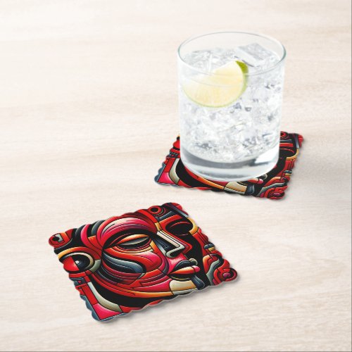 Red  black Abstract Face  Paper Coaster