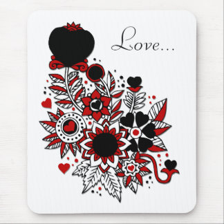 Red & Black Abstract Hearts & Flowers Design Mouse Pad