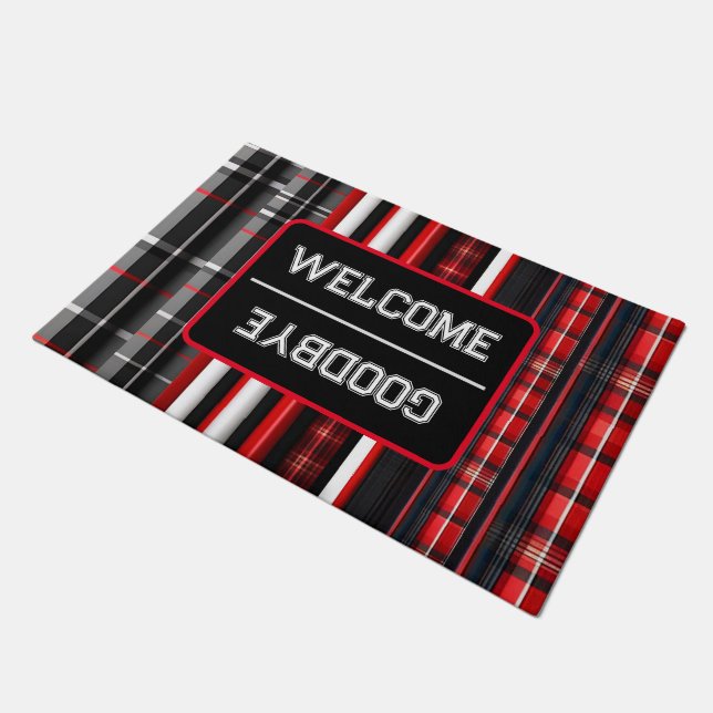 Red Black Abstract Plaid Trendy Collection Doormat (Angled)
