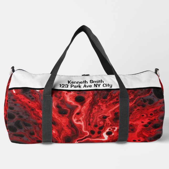 Red Black Abstract Swirls Monogram Personalized Duffle Bag (Front)