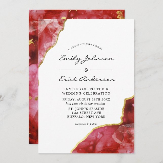 Red Black and Gold Agate Crystals Wedding Invitati Invitation (Front/Back)