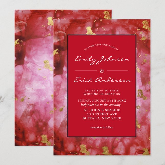 Red Black and Gold Agate Crystals Wedding Invitation (Front/Back)