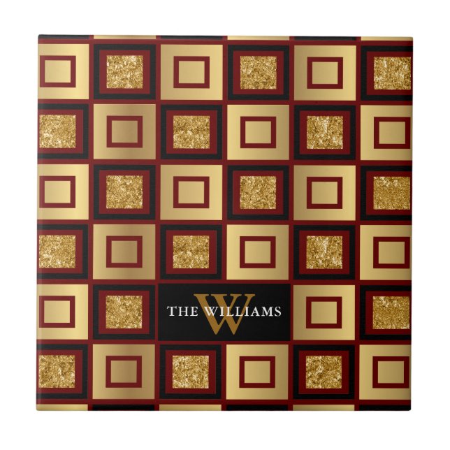 Red, Black And Gold Checkerboard Pattern Monogram Ceramic Tile (Front)