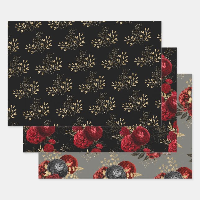 Red Black and Gold Floral  Wrapping Paper Sheets (Set)