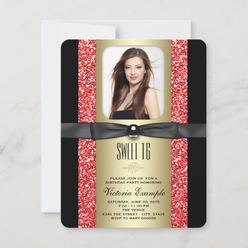 Red Black and Gold Glitter Sweet 16 Party Invitation