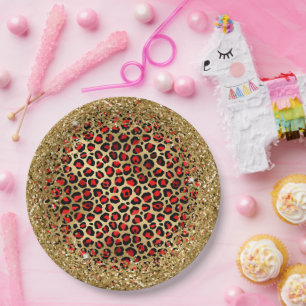 Red Black and Gold Glittery Foil Leopard Glam Paper Plates