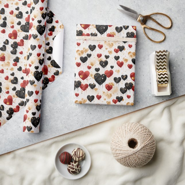 Red Black and Gold Heart Balloons Wrapping Paper (Crafts)