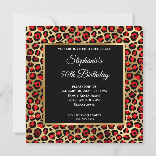 Red Black and Gold Leopard Glam 50th Birthday Invitation (Front)