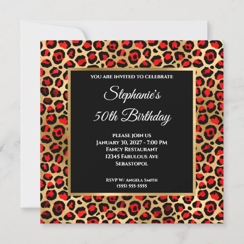 Red Black and Gold Leopard Glam 50th Birthday Invitation