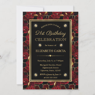 Red Black and Gold Marble Floral 21st Birthday Invitation