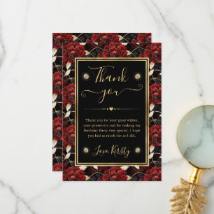 Red Black and Gold Marble Floral Birthday Thank You Card