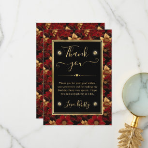 Red Black and Gold Marble Floral Birthday Thank You Card
