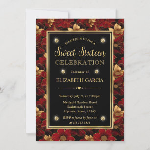 Red Black and Gold Marble Floral Sweet Sixteen Invitation
