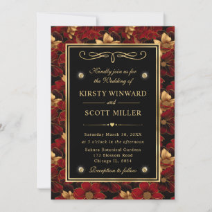 Red Black and Gold Marble Floral Wedding Invitation