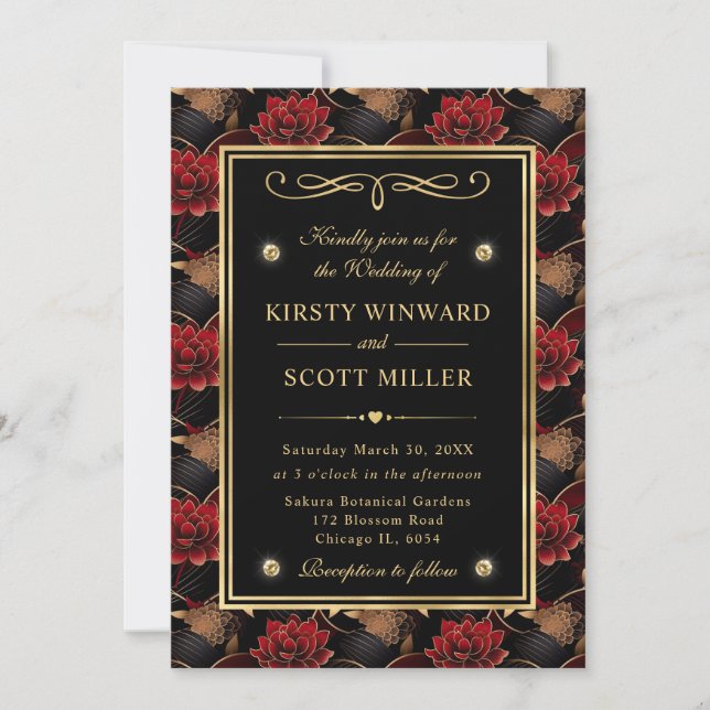 Red Black and Gold Marble Floral Wedding Invitation (Front)