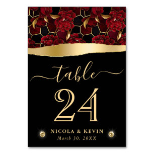 Red Black and Gold Marble Floral Wedding Table Number