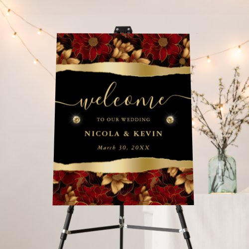 Red Black and Gold Marble Floral Wedding Welcome Foam Board