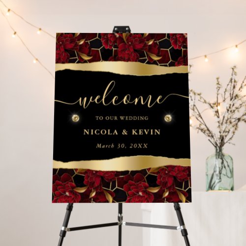 Red Black and Gold Marble Floral Wedding Welcome Foam Board