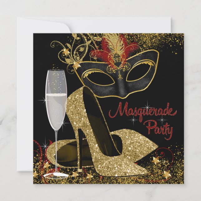 Red Black and Gold Masquerade Birthday Party Invitation (Front)