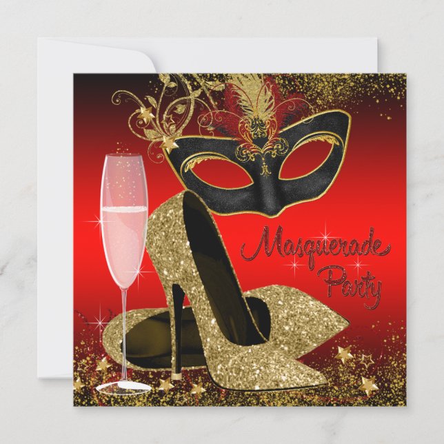 Red Black and Gold Masquerade Birthday Party Invitation (Front)