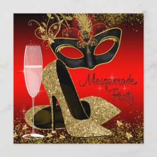 Red Black and Gold Masquerade Birthday Party Invitation