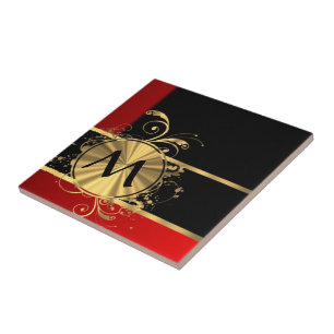 Red black and gold monogram ceramic tile