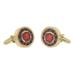 Red , Black and Gold Poker Chip - Monogram Gold Cufflinks