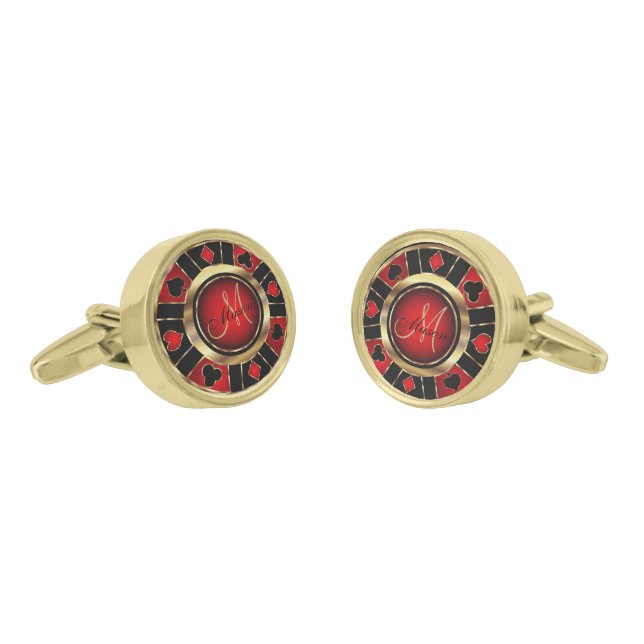 Red , Black and Gold Poker Chip - Monogram Gold Cufflinks (Angled)