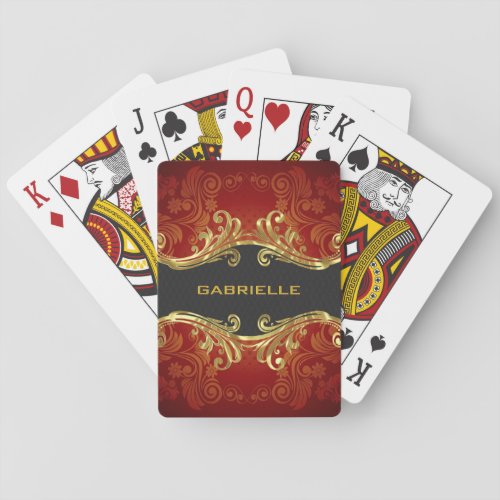 Red Black And Gold Tones Vintage Swirls 4_Monogram Poker Cards