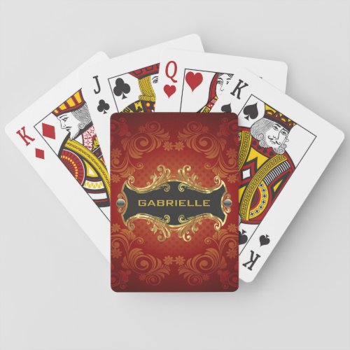 Red Black And Gold Tones Vintage Swirls_Monogram Poker Cards