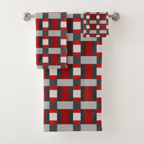 Red Black And Gray Color Block Print Bath Towel Set