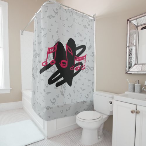 Red Black and Gray Love Music Design Shower Curtain