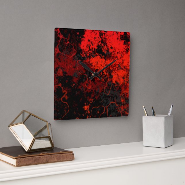 Red, Black and Gray Marble Abstract Square Wall Clock (Office)