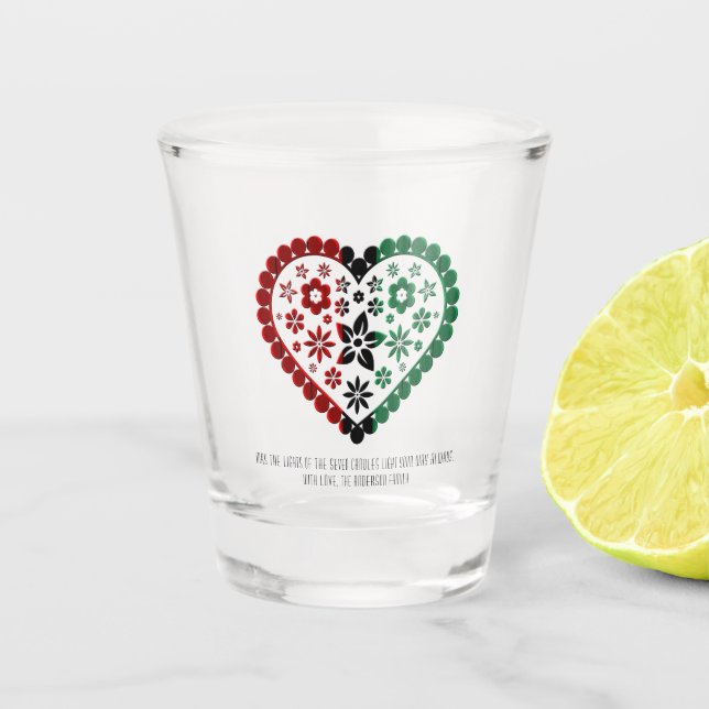 Red Black and Green Floral Heart Happy Kwanzaa Shot Glass (Front)