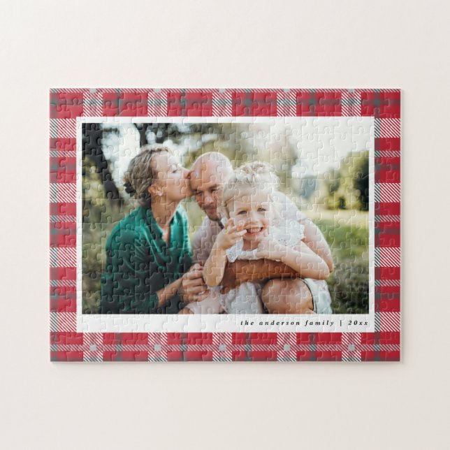Red, black and green tartan check family photo jigsaw puzzle (Horizontal)
