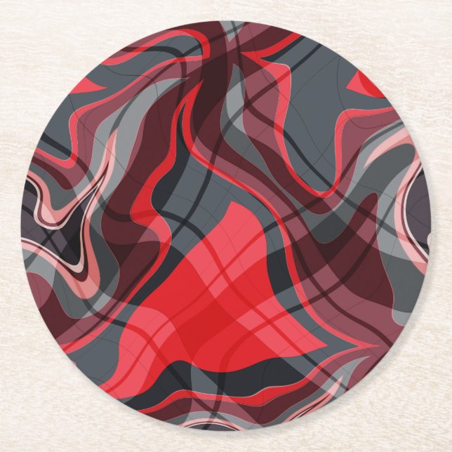 Red Black and Grey Abstract Art Pattern Round Paper Coaster (Front)