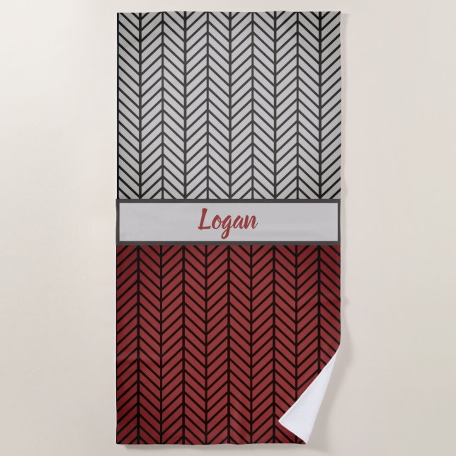 Red Black and Grey Black Masculine Chevron Pattern Beach Towel (Front)