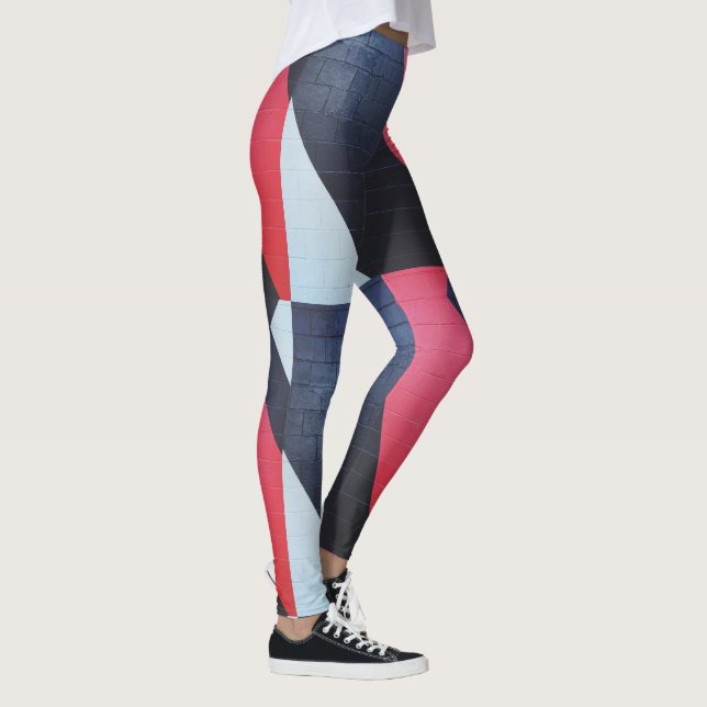 Red Black and Grey Brick Wall Print Leggings (Right)