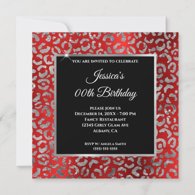Red Black and Silver Leopard Foil Girly Birthday Invitation (Front)
