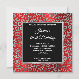 Red Black and Silver Leopard Foil Girly Birthday Invitation